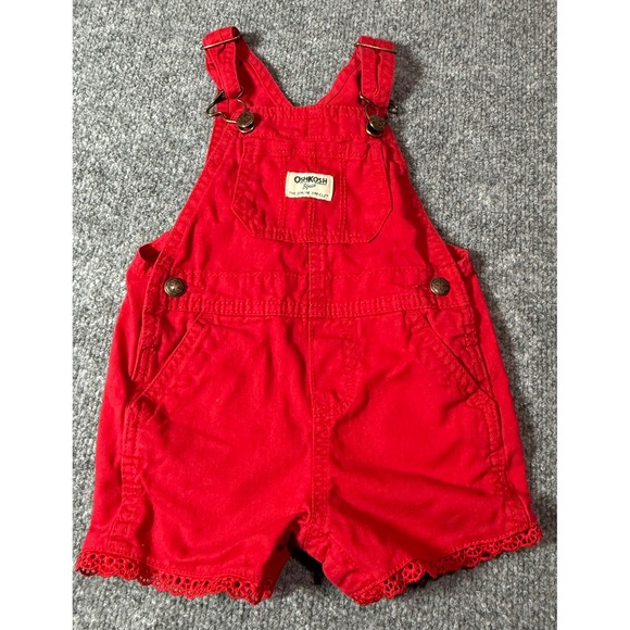 OshKosh Bgosh Baby Red Denim Overalls Lace Trim Romper 18M Cute - Picture 1 of 6